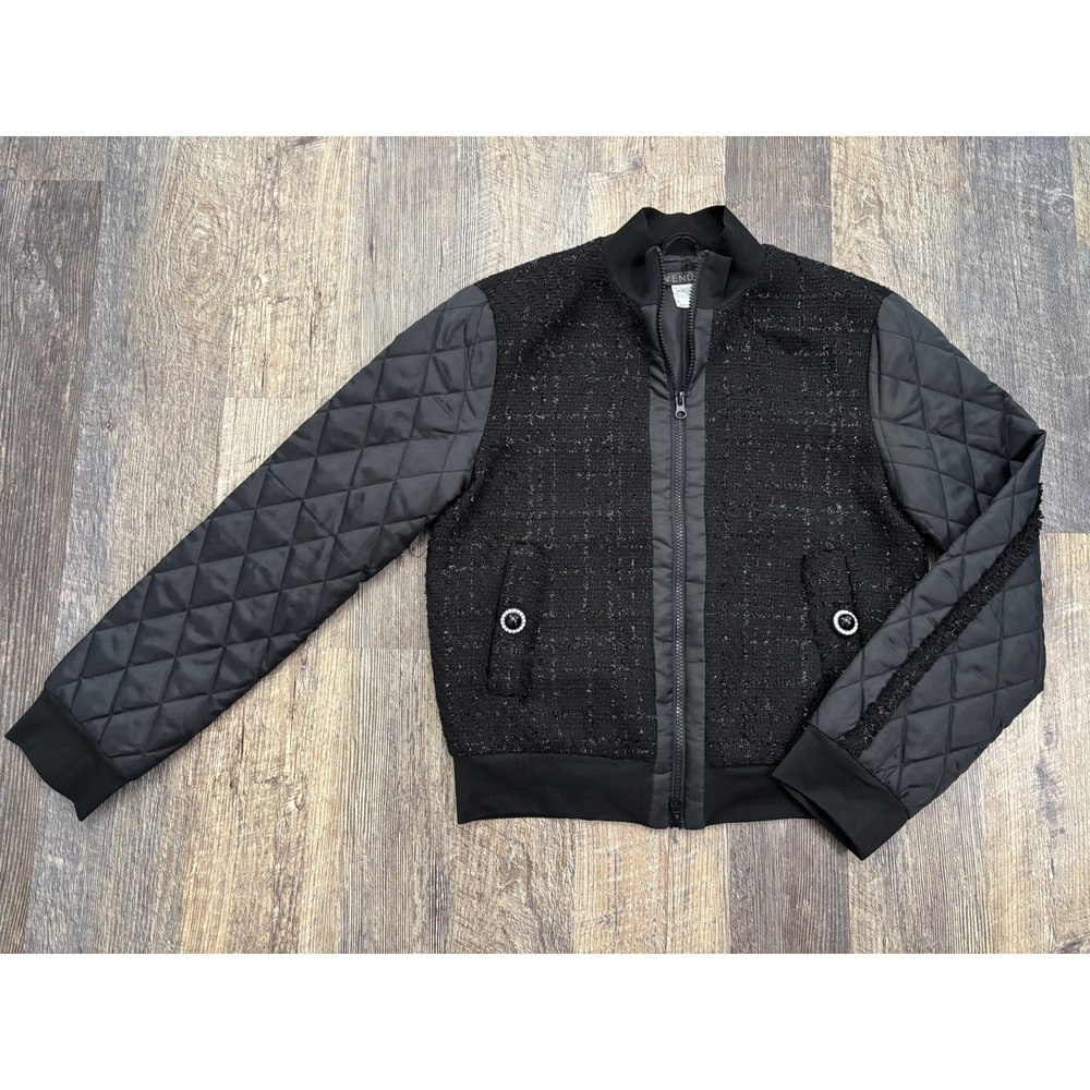 Venus Black Tweed‎ Mixed Media Bomber Jacket Quilted Sleeves Rhinestone Size 2